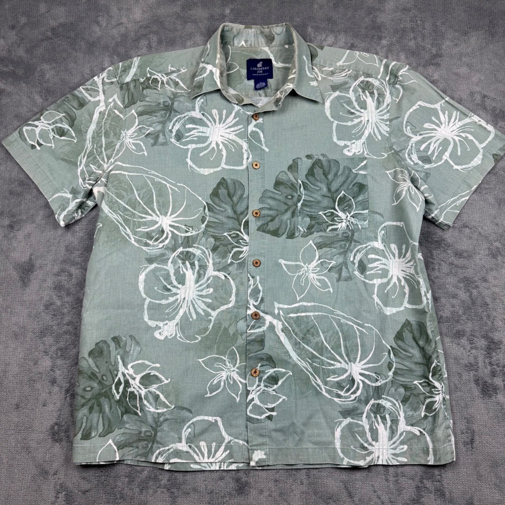 Caribbean Joe Mens XL Green Linen Blend Tropical Hibiscus Floral Camp Shirt